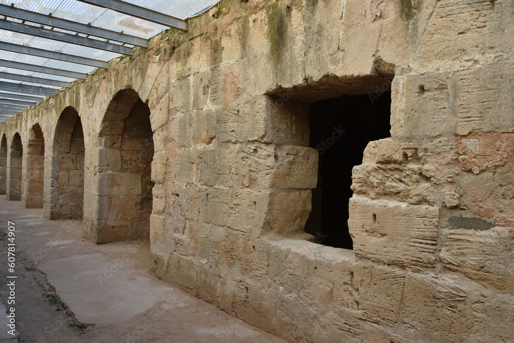 One Wall in El Jem Roman Amphitheater Hypogeum, Tunisia