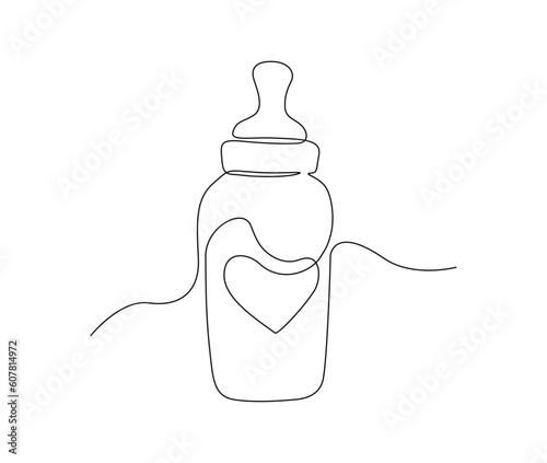 Continuous one line drawing of baby feeding bottle. Baby drink bottle outline vector illustration. Editable stroke.