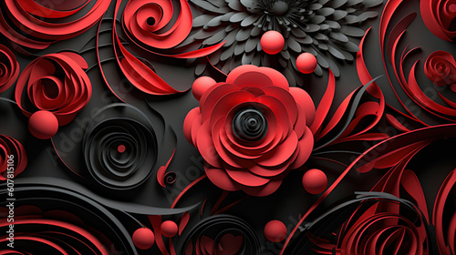 Flowers black and red colour. Set in a pattern of cut paper