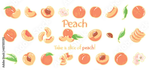 Set of many sweet ripe peaches on white background