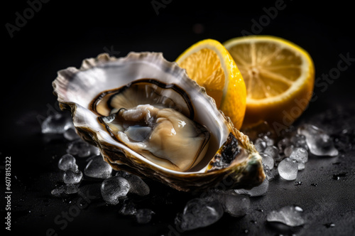 Fresh opened oyster on crushed ice with slices of lemon. minimalistic dark background. Generative AI
