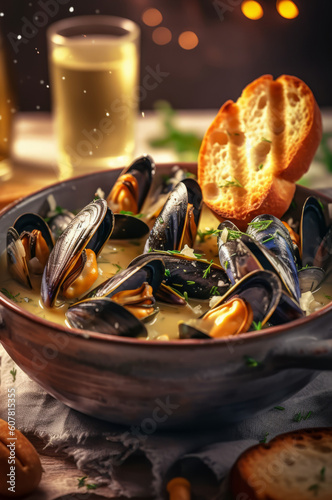 Moules Marinières. Mussels cooked in a white wine sauce, served in a bowl with slices of bread and glasses of wine on background. Generative AI photo