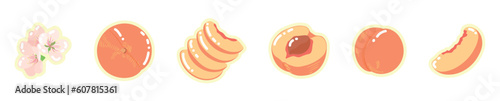 Set of sweet ripe peaches on white background