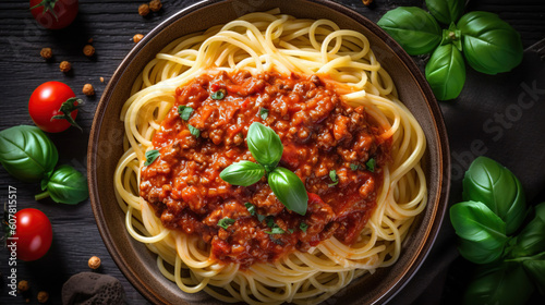 Italian spaghetti bolognese with tomato sauce and meat. Copy space. Generative Ai