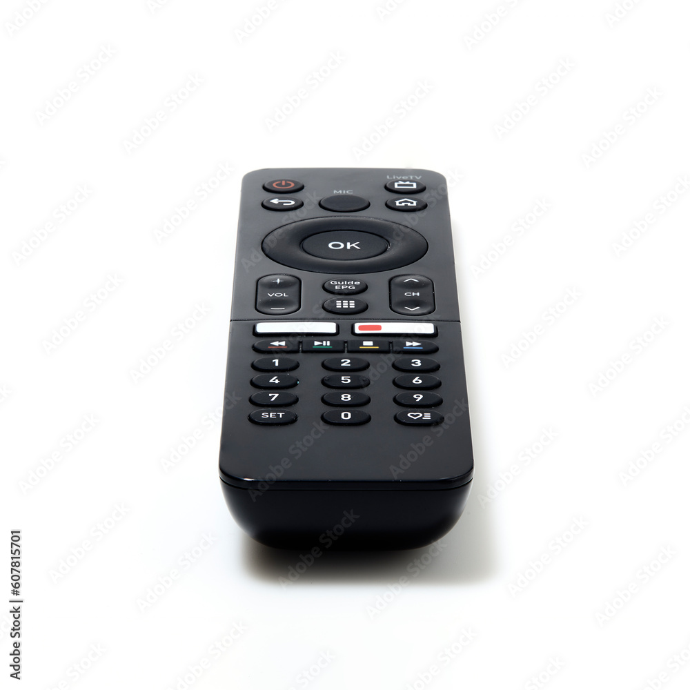 Perspective view of television and audio remote control on white Perspective view of television and audio remote control on white