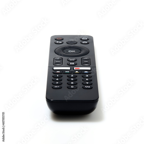 Perspective view of television and audio remote control on white