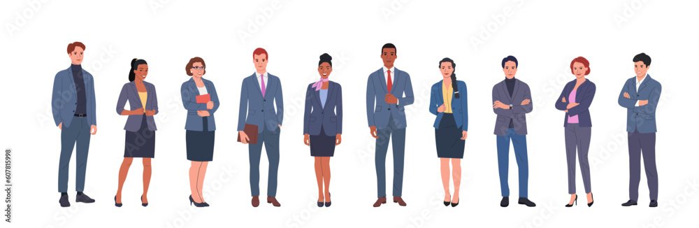 Group of different businesswomen and businessmen standing isolated. Corporate office style. Vector flat style cartoon illustration Group of different businesswomen and businessmen standing isolated. Corporate office style. Vector flat style cartoon illustration