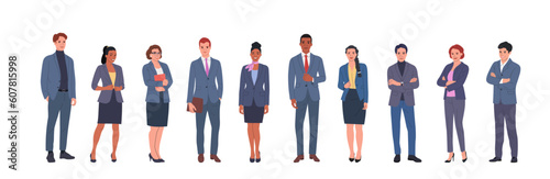 Group of different businesswomen and businessmen standing isolated. Corporate office style. Vector flat style cartoon illustration