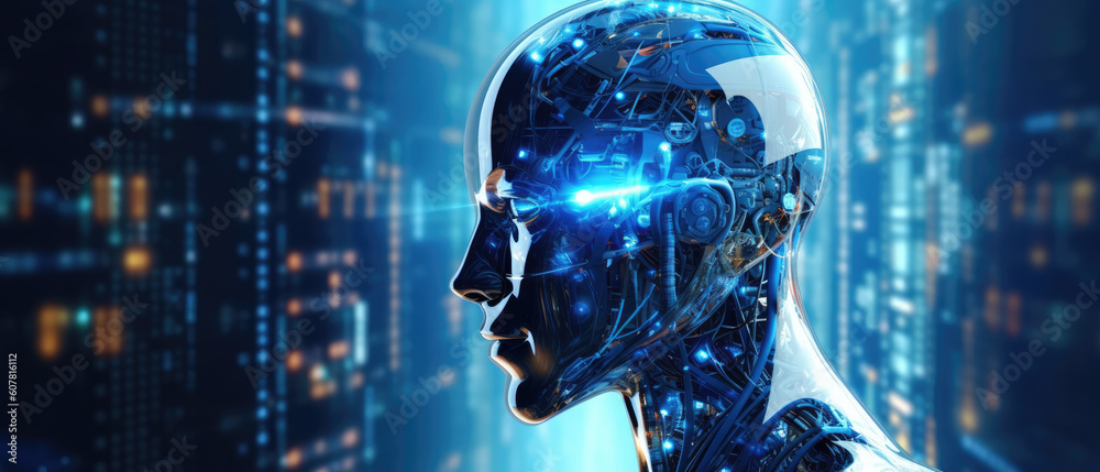 Cyborg robot with glowing neon eyes on blue futuristic technology background with copy space. Artificial intelligence, neural networks concept banner. Generative AI. Cyborg robot with glowing neon eyes on blue futuristic technology background with copy space. Artificial intelligence, neural networks concept banner. Generative AI.