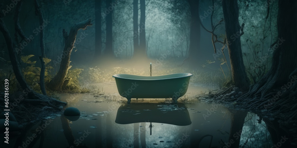 Bathtub in the forest at night. Generative AI illustration. Bathtub in the forest at night. Generative AI illustration.