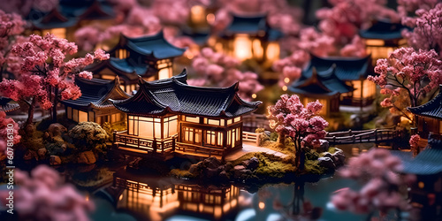 Japanese town embraced by a lake adorned with beautiful blooming cherry blossoms. Evening aerial view of tilt-shift model houses. Generative AI