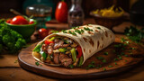 Traditional mexican tortilla wrap with chicken meat and vegetables on wood table. Generative Ai