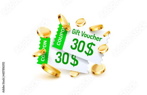 Coupon special voucher 30 dollar, Check banner special offer. Vector illustration