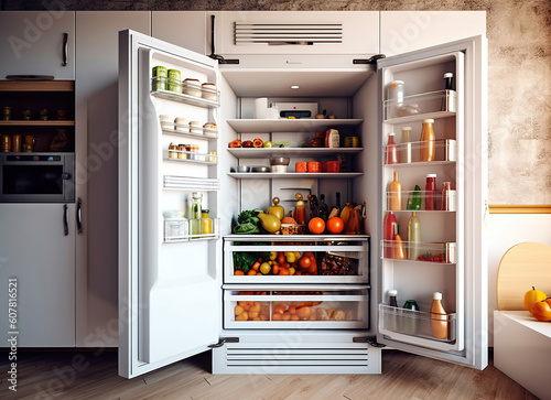 Fridge shelf full of different fresh and tasty food and drinks. Generative Ai