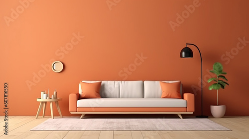 Orange minimalist room interior with sofa on a wooden floor  decor on a large wall  white landscape in window. Home nordic interior. Generative Ai