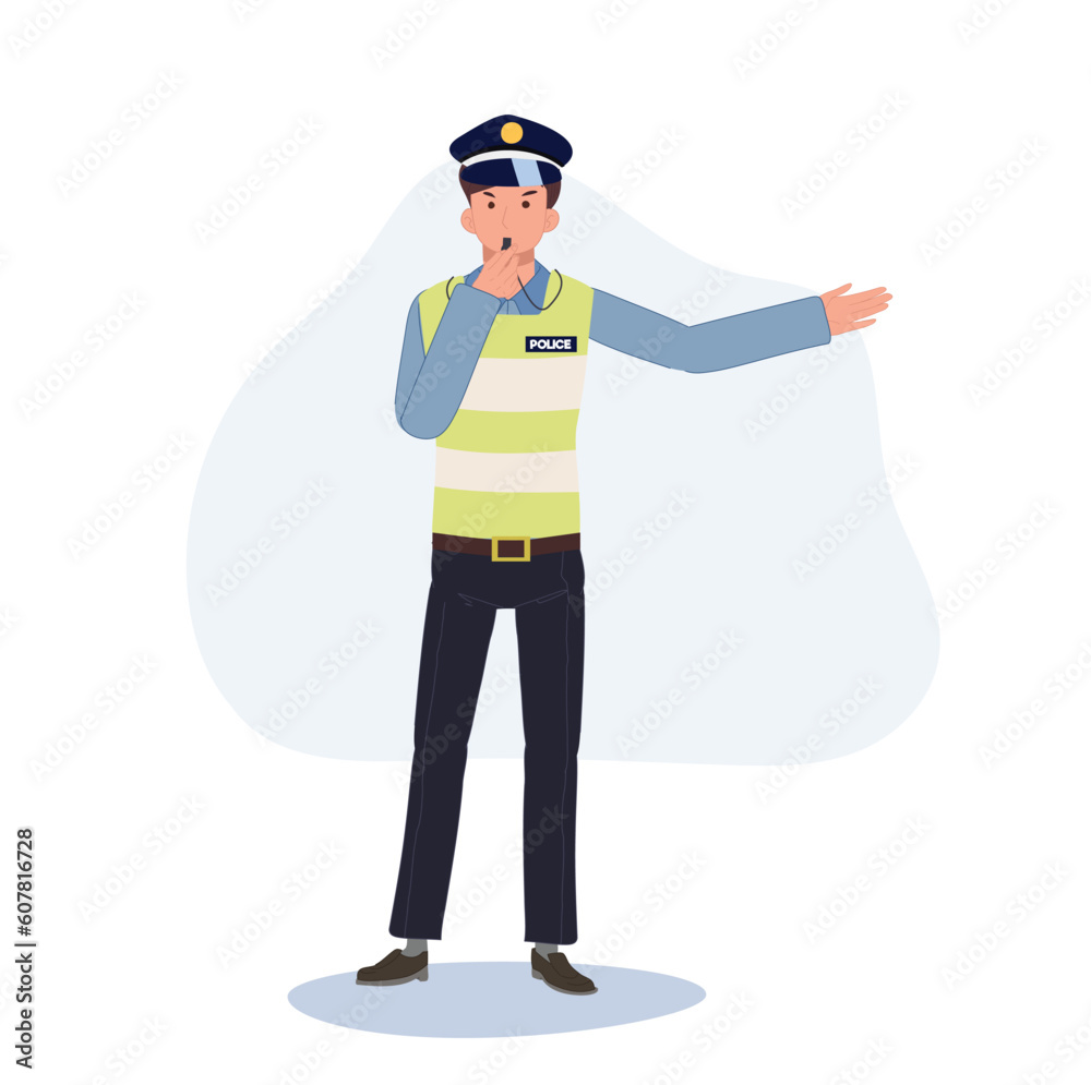 A traffic police blowing whistle and doing hand sign as go to another way. Flat vector cartoon illustration A traffic police blowing whistle and doing hand sign as go to another way. Flat vector cartoon illustration