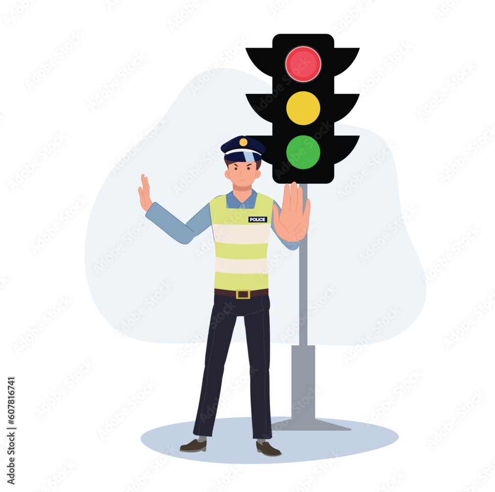 traffic control concept. A traffic police is doing stop hand sign near traffic light. Flat vector cartoon illustration traffic control concept. A traffic police is doing stop hand sign near traffic light. Flat vector cartoon illustration