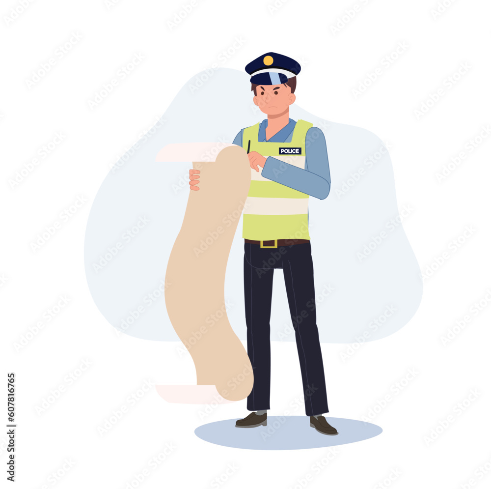 A traffic police giving fine bill. Flat vector cartoon illustration
