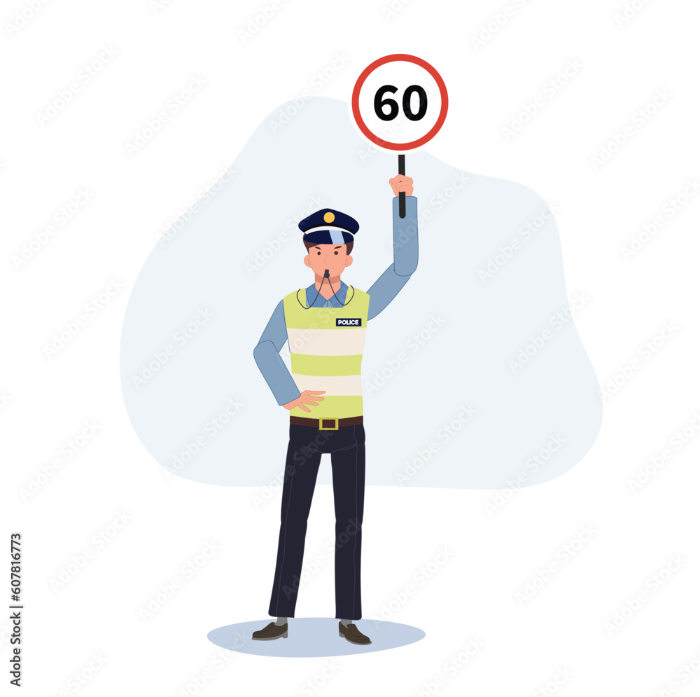 Speed limit concept. A traffic police is blowing whistle and holding speed limit sign up above head. Flat vector cartoon illustration Speed limit concept. A traffic police is blowing whistle and holding speed limit sign up above head. Flat vector cartoon illustration