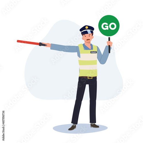 A traffic police holding traffic baton is give way to another way. Flat vector cartoon illustration