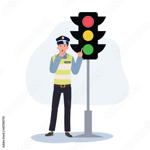 A traffic police blowing whistle and pointing index finger to red traffic light. Flat vector cartoon illustration