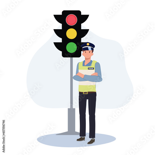 traffice control concept. A traffic police near traffic light. Flat vector cartoon illustration