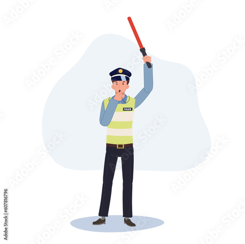 A traffic police is blowing whistle and holding traffic baton up above head. Flat vector cartoon illustration