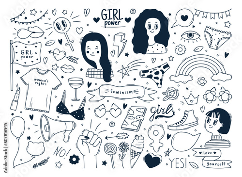 Set of cute hand drawn doodles about women and feminism. Girl power outline illustrations. Woman rights concept. Black line vector stickers