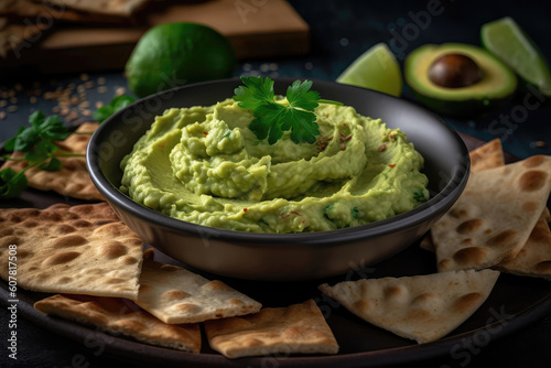 Avocado Hummus Spread On Plate With Pita Bread. Generative AI