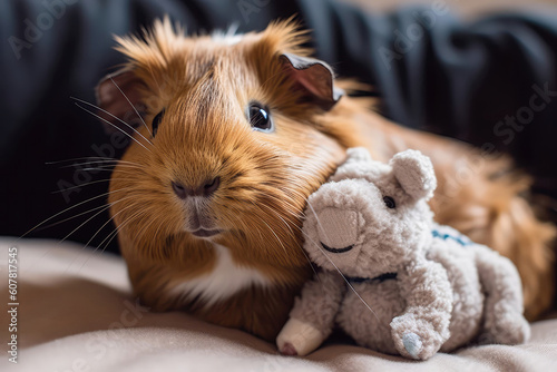 Delighted Guinea Pig Cuddles Up With Stuffed Toy. Generative AI