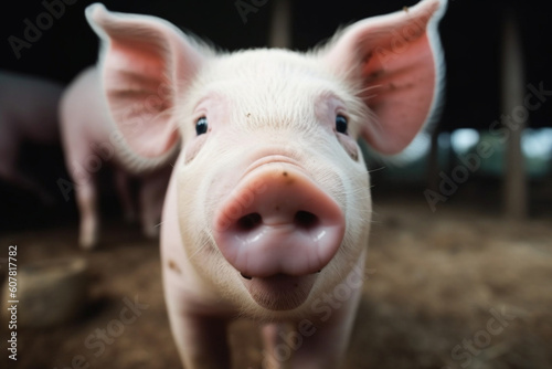 Generative AI. a cute fat pig points its nose at the camera © imur