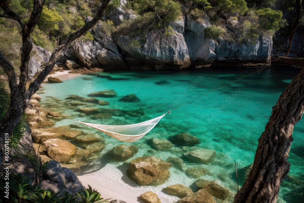 Hammock Suspended Over Crystalclear Turquoise Waters. Generative AI Hammock Suspended Over Crystalclear Turquoise Waters. Generative AI