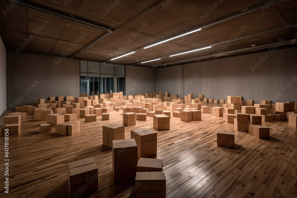 Lots Of Boxes On The Floor In Empty Room. Generative AI Lots Of Boxes On The Floor In Empty Room. Generative AI