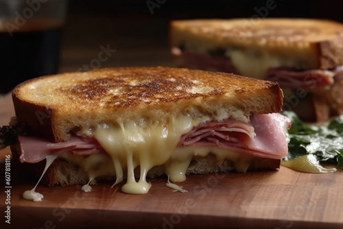 Grilled Cheese With Twist, Featuring Swiss Cheese And Ham. Generative AI photo