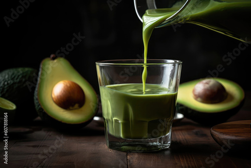 Freshly Squeezed Avocado Juice Poured Into Glass. Generative AI photo