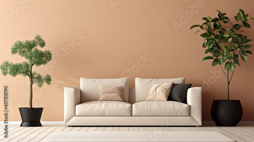 Interior design of living room with copy space, beige sofa, side table, leaf in vase, pouf, elegant accessories and boucle rug. Beige wall. Minimalist home decor. Template. Generative Ai