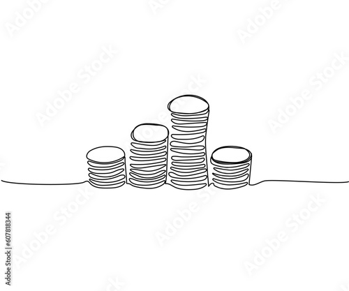 Stacks of coins of different heights, cents, kopecks, pennies one line art. Continuous line drawing of bank, money, finance, financial, payment, data, savings, economic, wealth, credit