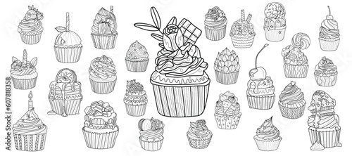Set of drawn tasty cupcakes on white background