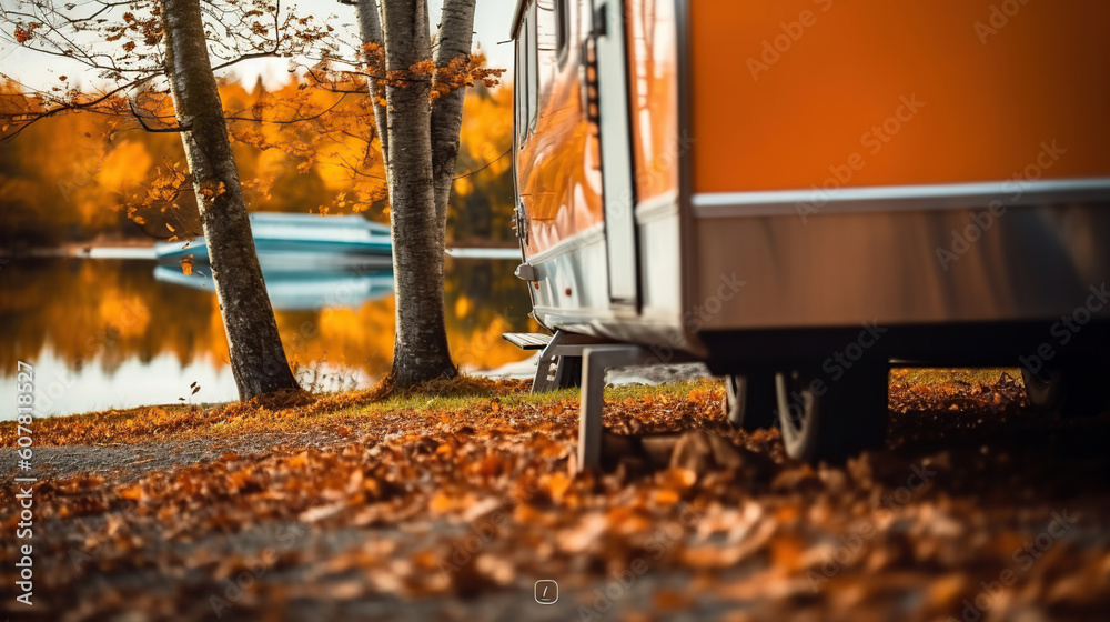 Concept of family local travel in home country on caravan or camper van and camping life with trailer of mobile home or recreational vehicle. Generative Ai