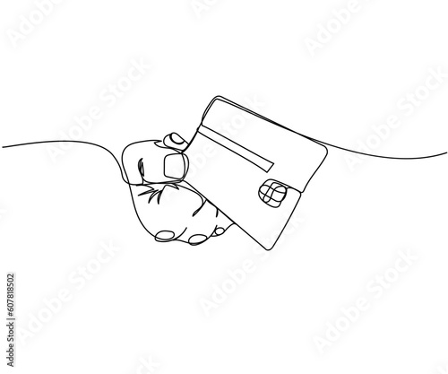 Bank card with a chip in hand, credit card one line art. Continuous line drawing of bank, money, finance, financial, payment, data, savings, economic, wealth, credit
