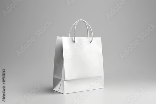 Minimalist white paper bag mockup on solid background. AI generative