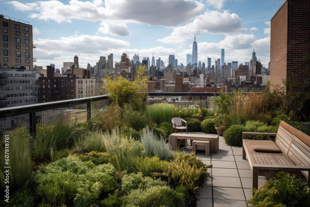 Urban Rooftop Garden Green Rooftop Oasis, City Skyline Backdrop, Rooftop Seating. Generative AI