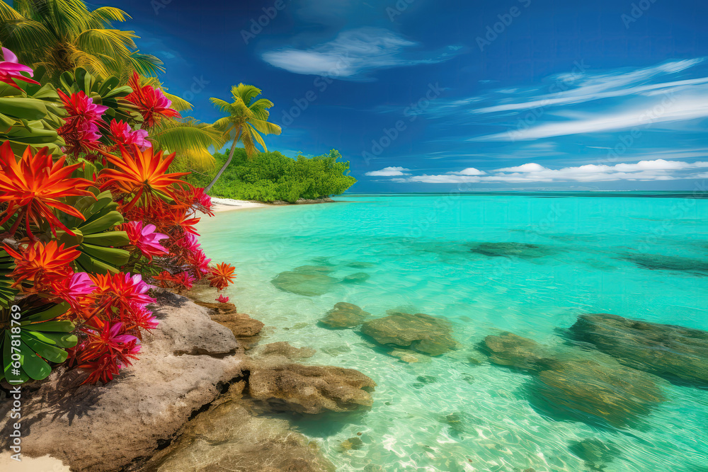 Vibrant Tropical Paradise Palm Trees, Exotic Flowers, Crystalclear Turquoise Water. Generative AI