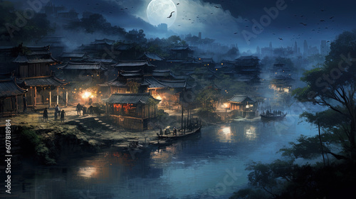 Village ancient china. The dewdrops sparkling in the moonlight illustration