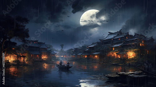 Village ancient china. The dewdrops sparkling in the moonlight illustration
