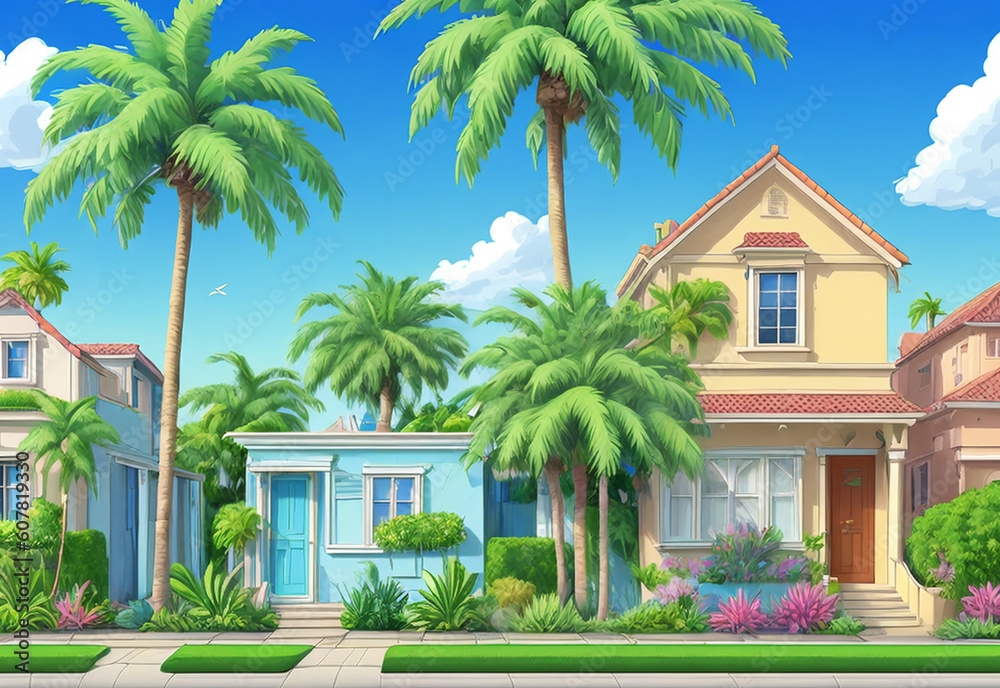 Row of houses and palm trees in front of them. Decorative cityscape in animation style. Generative AI