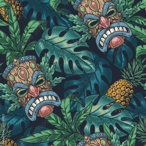 Tiki masks colorful pattern seamless