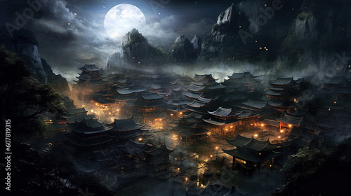Village ancient china. The dewdrops sparkling in the moonlight illustration © Absent Satu