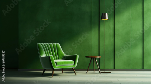 Interior of a luxury modern dark living room with a mock up of a black empty wall and a green armchair. Generative AI