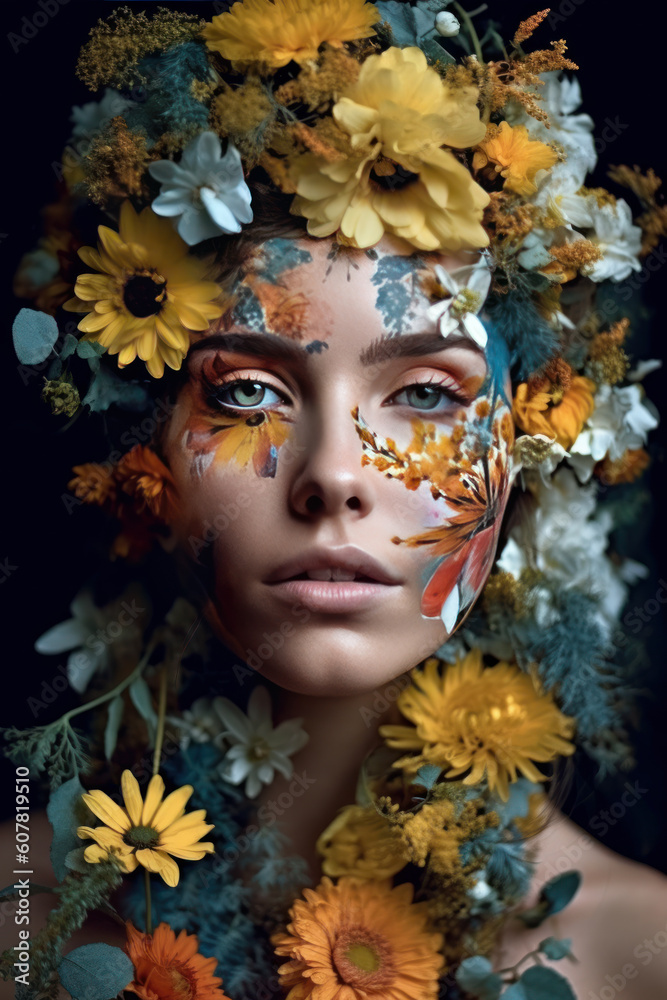 Woman's head with flowers, Generative AI Woman's head with flowers, Generative AI